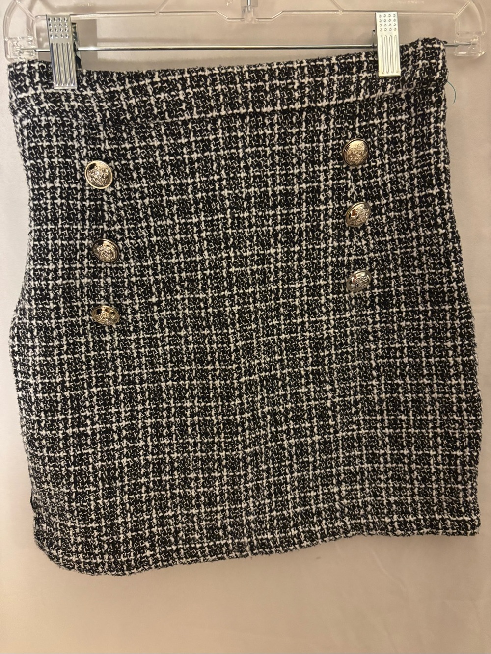 SHEIN Black & White Tweed Mini Skirt with Gold Buttons